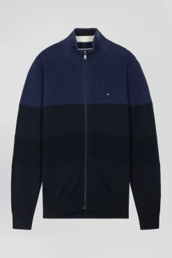 Cardigan zippé à col montant marine et bleu en coton