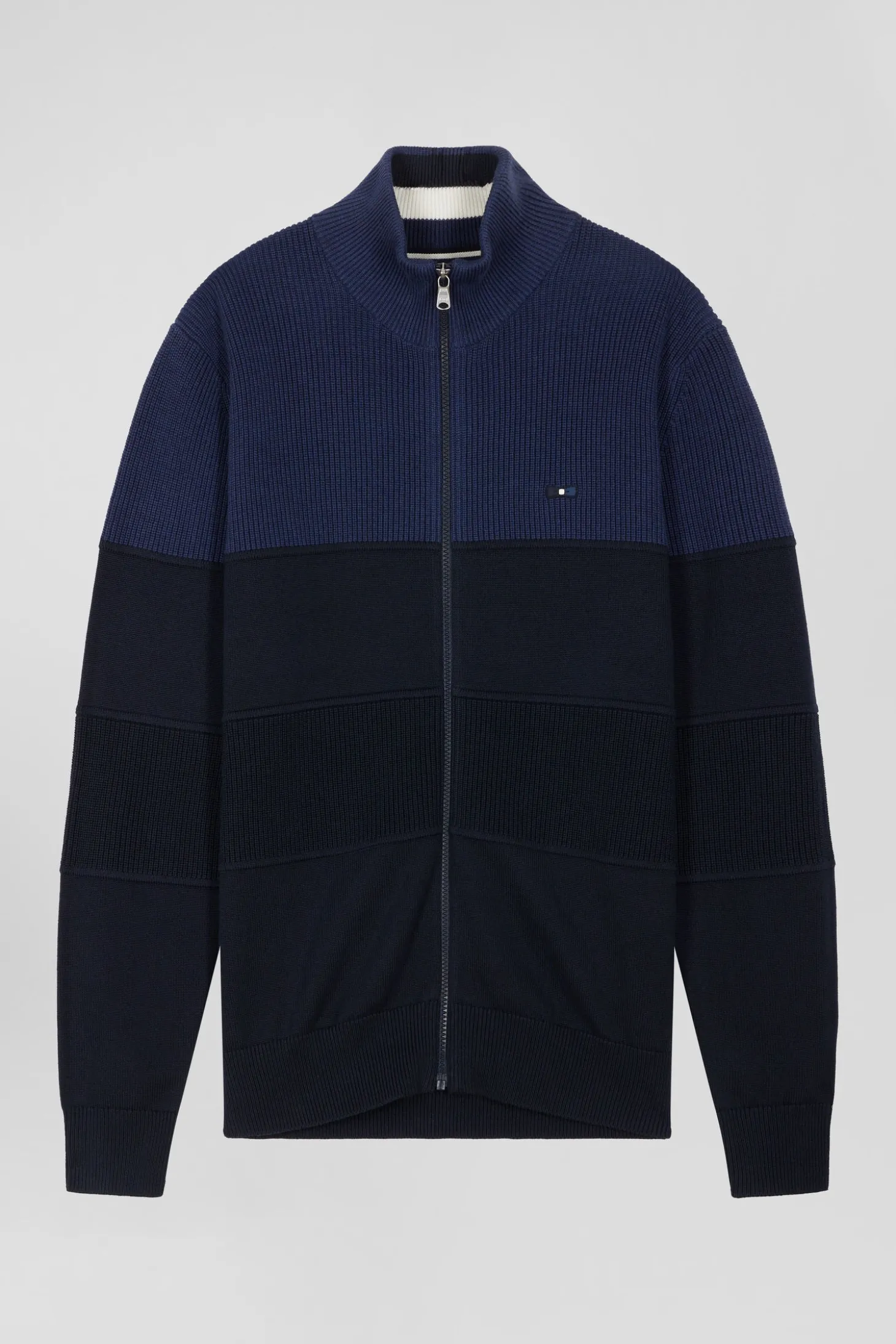 Cardigan zippé à col montant marine et bleu en coton
