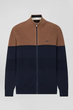 Cardigan zippé à col montant marine et camel en coton