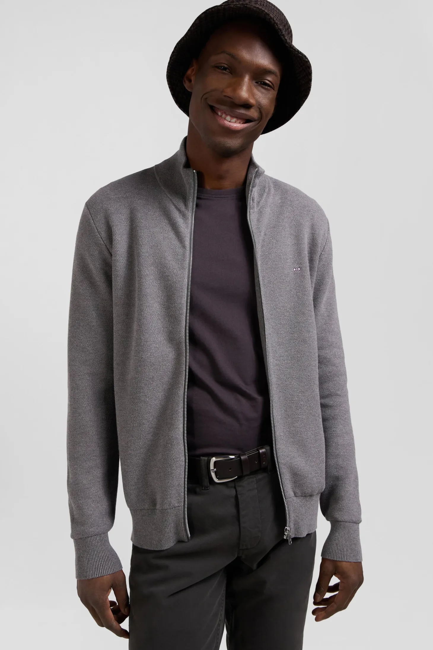 Cardigan zippé à col montant uni gris chiné en coton