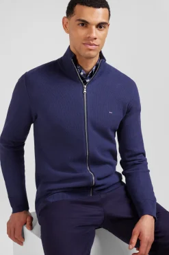 Cardigan zippé à col montant uni bleu marine en coton