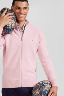 Cardigan zippé à col montant uni rose en coton