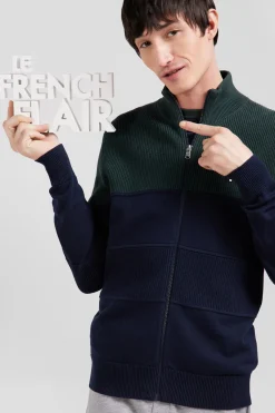 Cardigan zippé à col montant marine et vert en coton