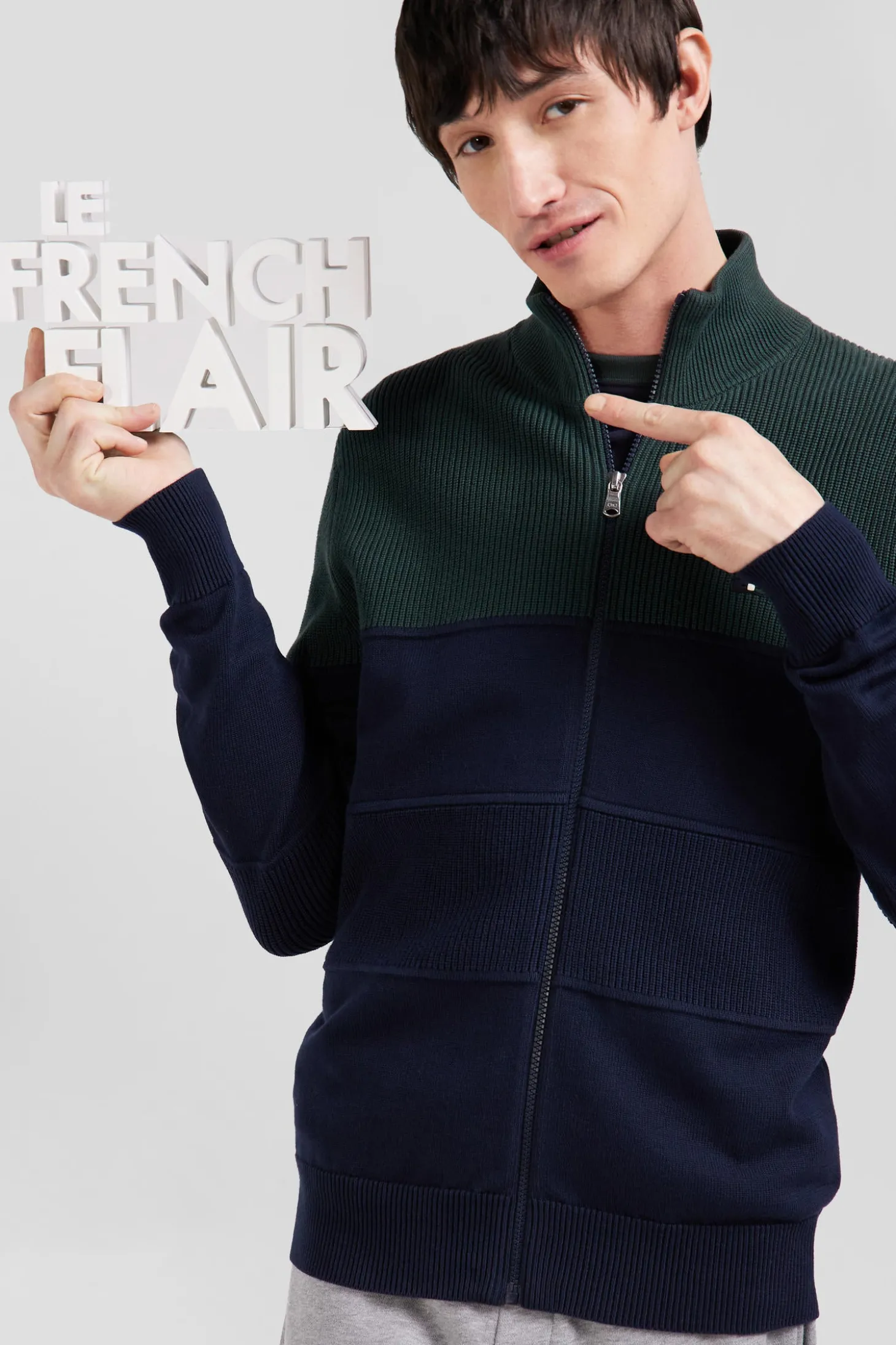 Cardigan zippé à col montant marine et vert en coton