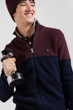 Cardigan zippé à col montant marine et bordeaux en coton
