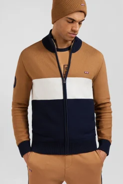 Cardigan zippé à col montant tricolore camel broderie 10 et jeu de maille