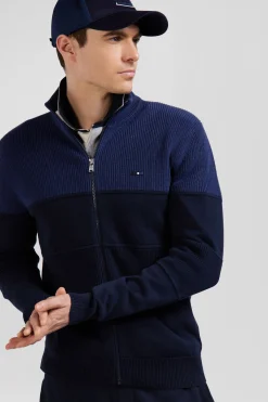 Cardigan zippé à col montant marine et bleu en coton