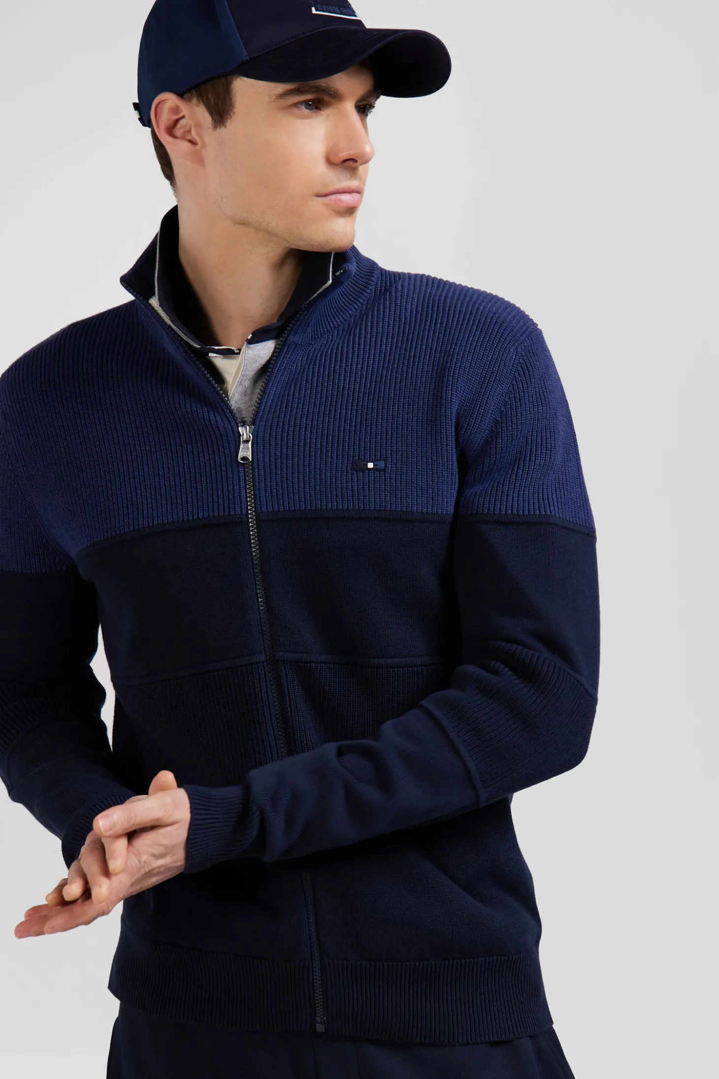 Cardigan zippé à col montant marine et bleu en coton