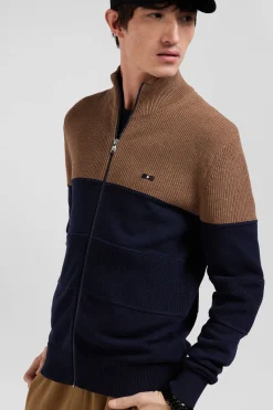 Cardigan zippé à col montant marine et camel en coton