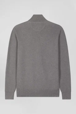 Cardigan zippé à col montant uni gris chiné en coton