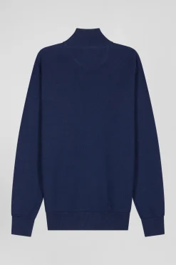 Cardigan zippé à col montant uni bleu marine en coton