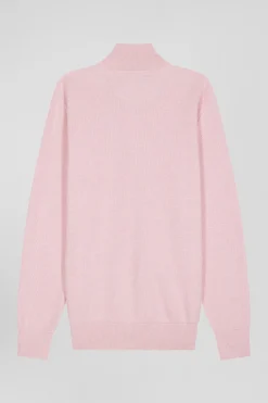Cardigan zippé à col montant uni rose en coton