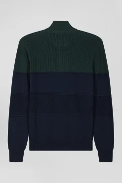 Cardigan zippé à col montant marine et vert en coton