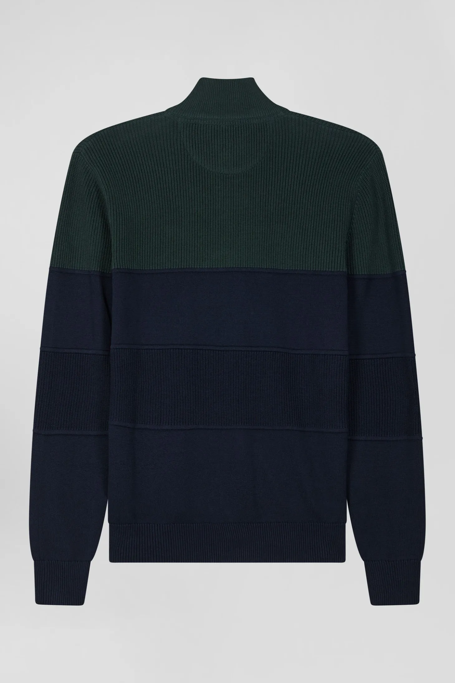 Cardigan zippé à col montant marine et vert en coton