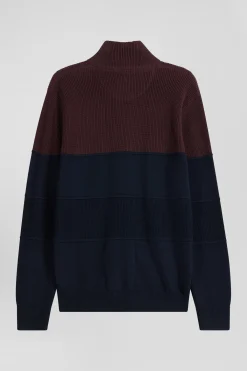 Cardigan zippé à col montant marine et bordeaux en coton