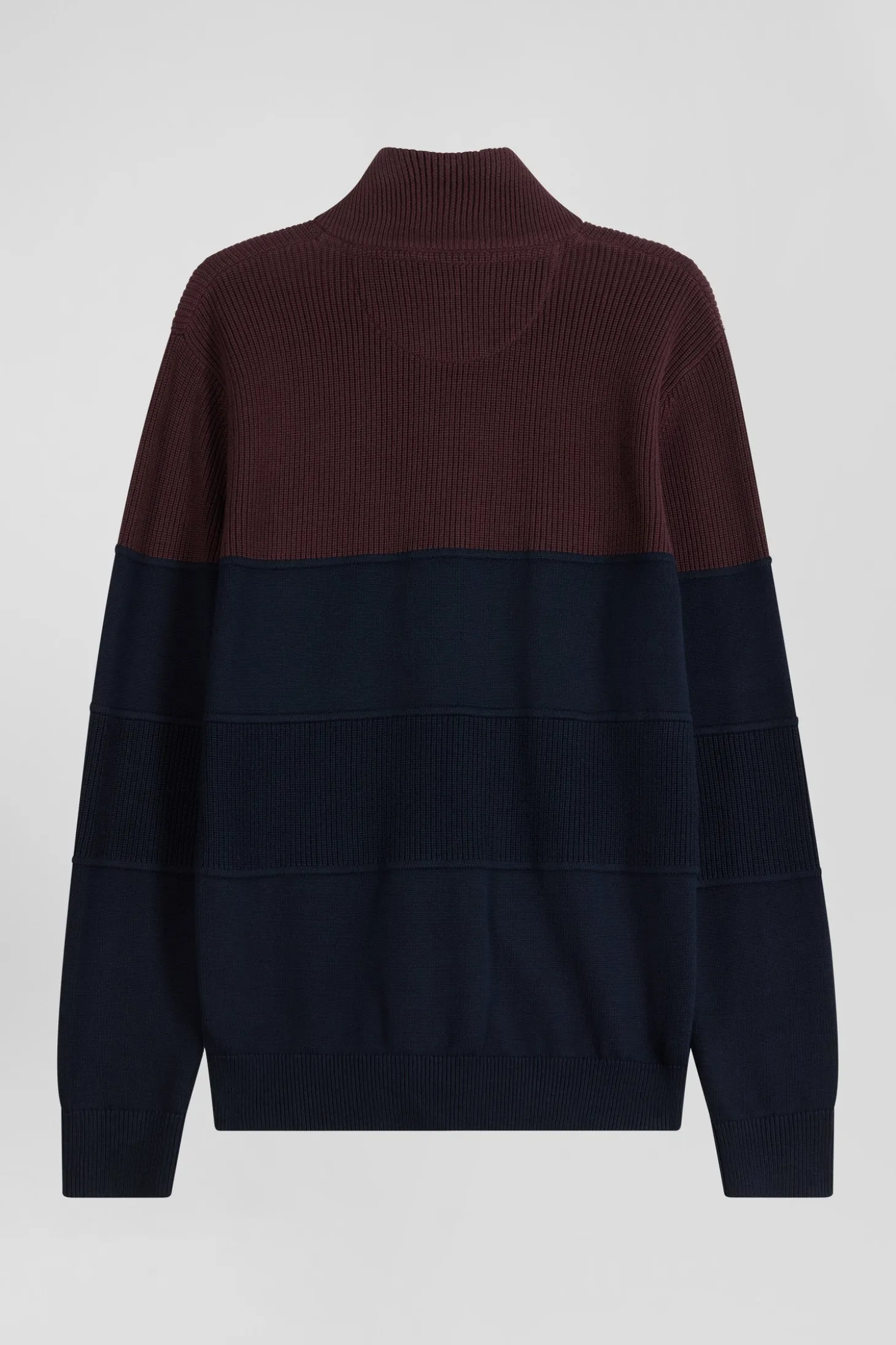 Cardigan zippé à col montant marine et bordeaux en coton