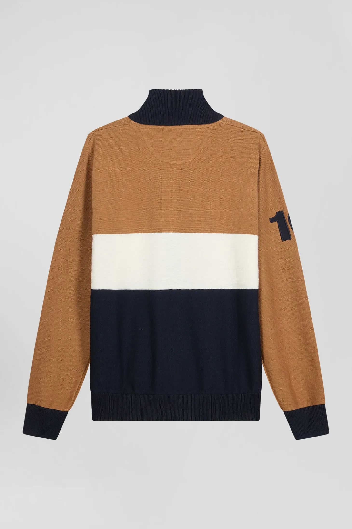 Cardigan zippé à col montant tricolore camel broderie 10 et jeu de maille