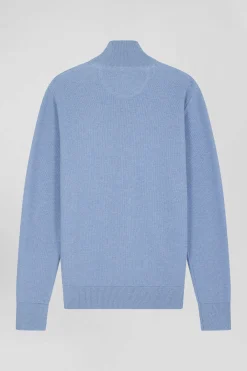 Cardigan zippé à col montant uni ciel en coton