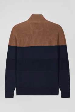 Cardigan zippé à col montant marine et camel en coton