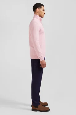Cardigan zippé à col montant uni rose en coton