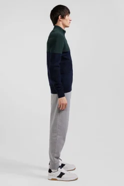 Cardigan zippé à col montant marine et vert en coton
