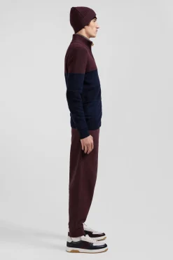 Cardigan zippé à col montant marine et bordeaux en coton