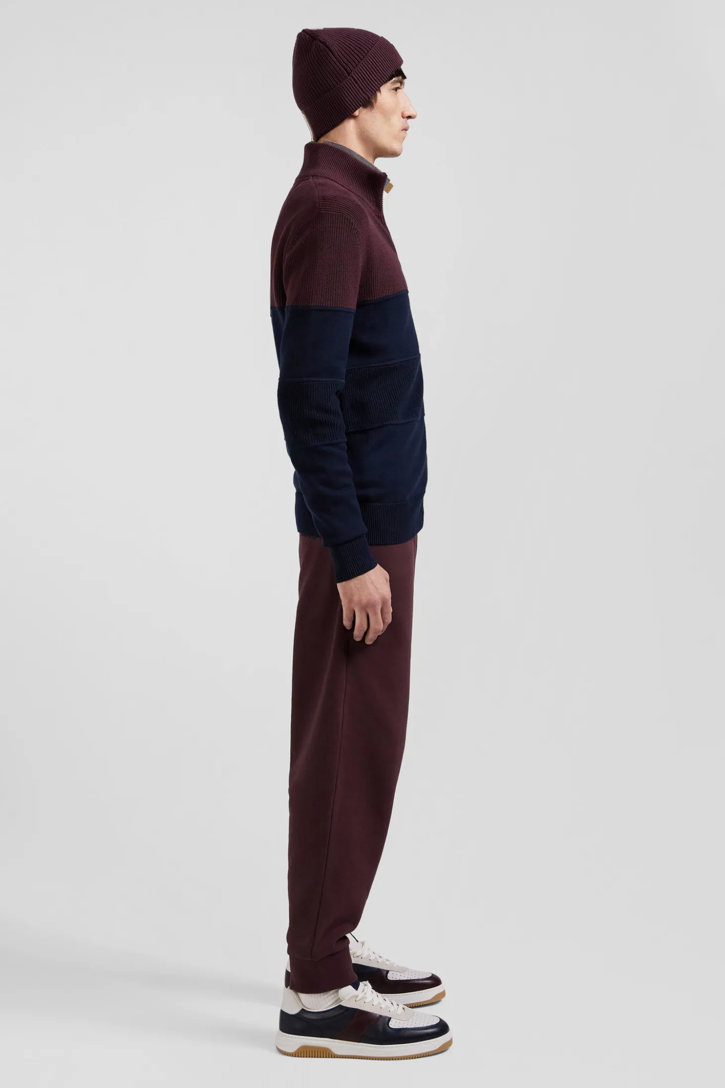 Cardigan zippé à col montant marine et bordeaux en coton