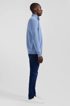 Cardigan zippé à col montant uni ciel en coton