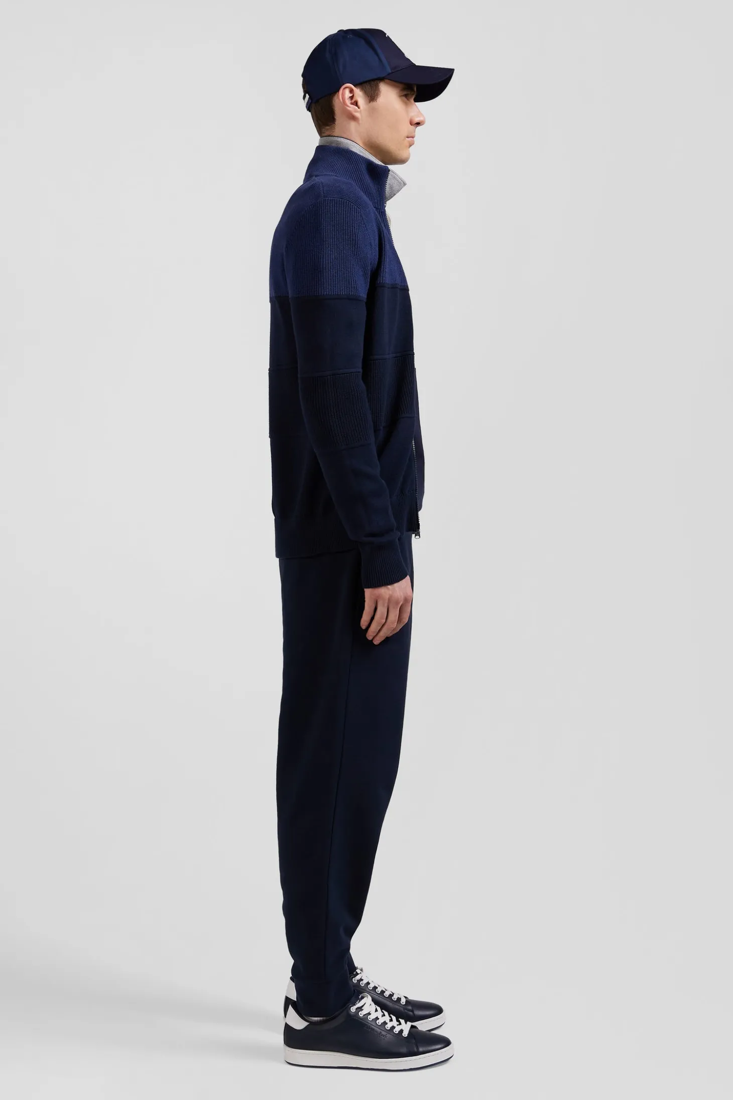 Cardigan zippé à col montant marine et bleu en coton
