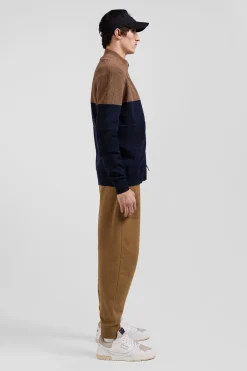 Cardigan zippé à col montant marine et camel en coton