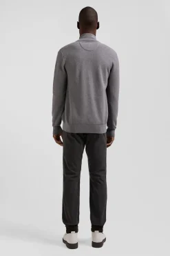 Cardigan zippé à col montant uni gris chiné en coton