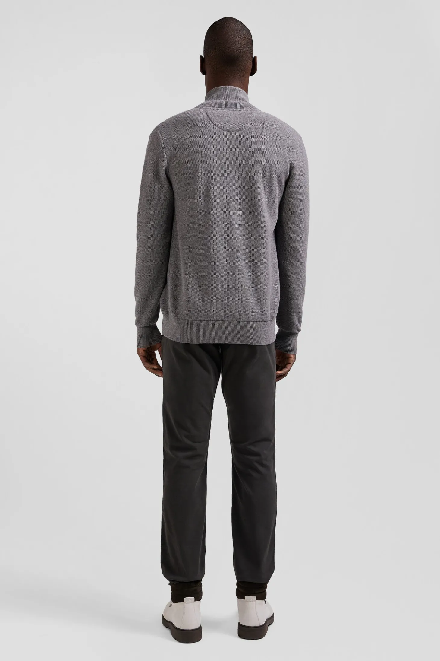 Cardigan zippé à col montant uni gris chiné en coton