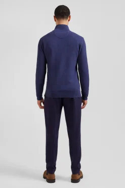 Cardigan zippé à col montant uni bleu marine en coton