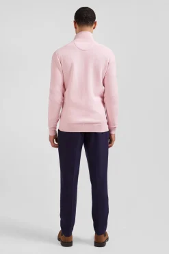 Cardigan zippé à col montant uni rose en coton