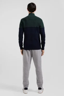Cardigan zippé à col montant marine et vert en coton