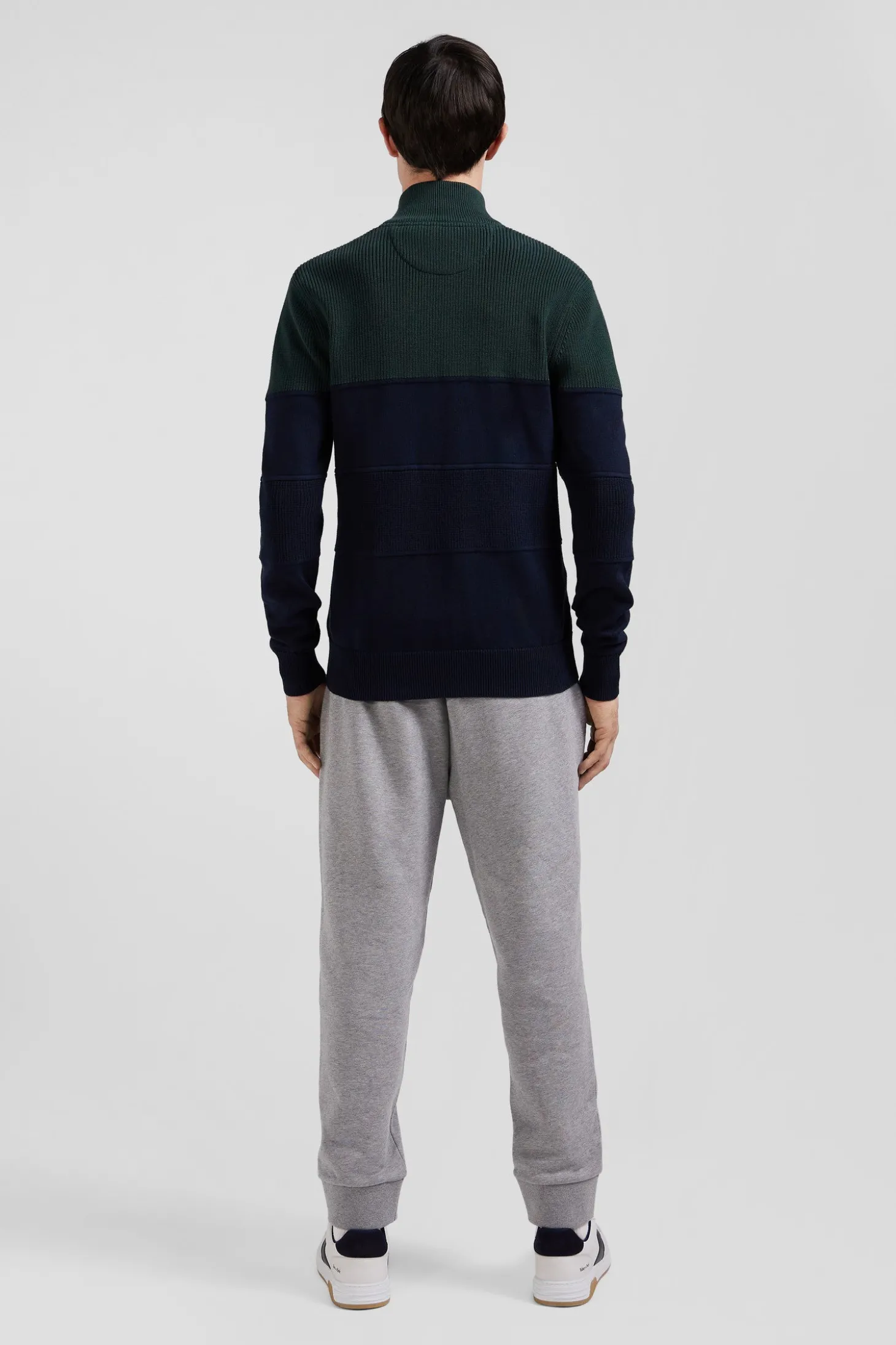 Cardigan zippé à col montant marine et vert en coton