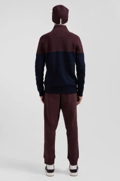 Cardigan zippé à col montant marine et bordeaux en coton