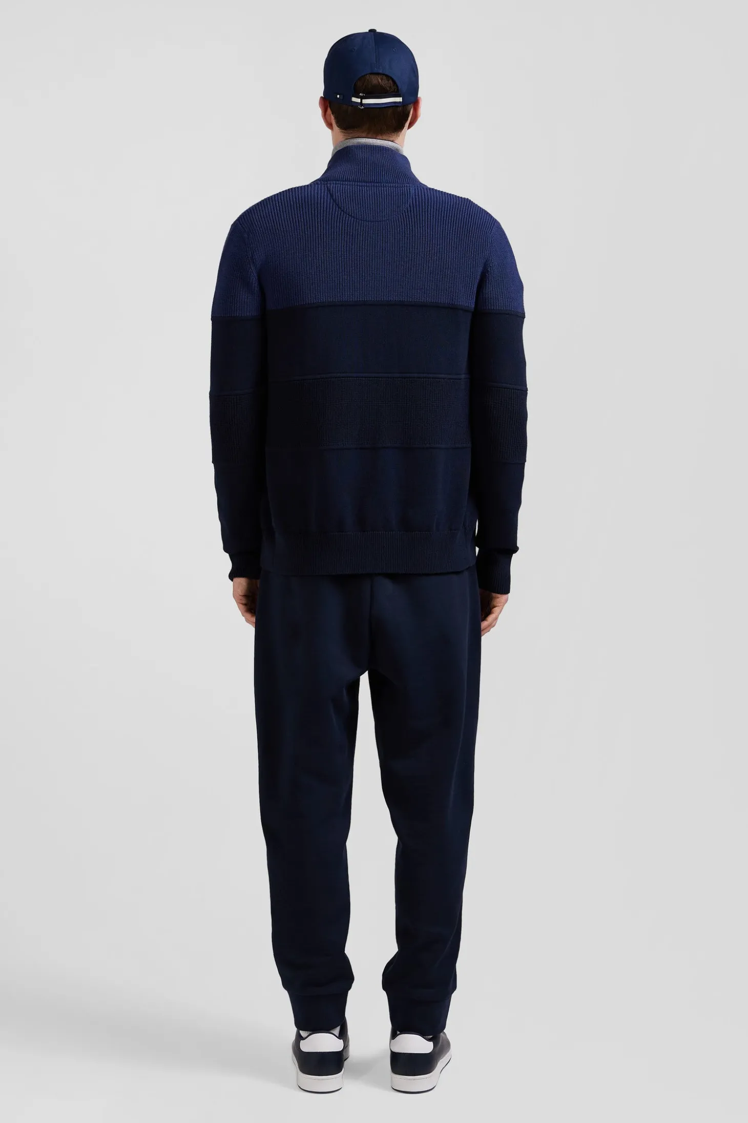 Cardigan zippé à col montant marine et bleu en coton