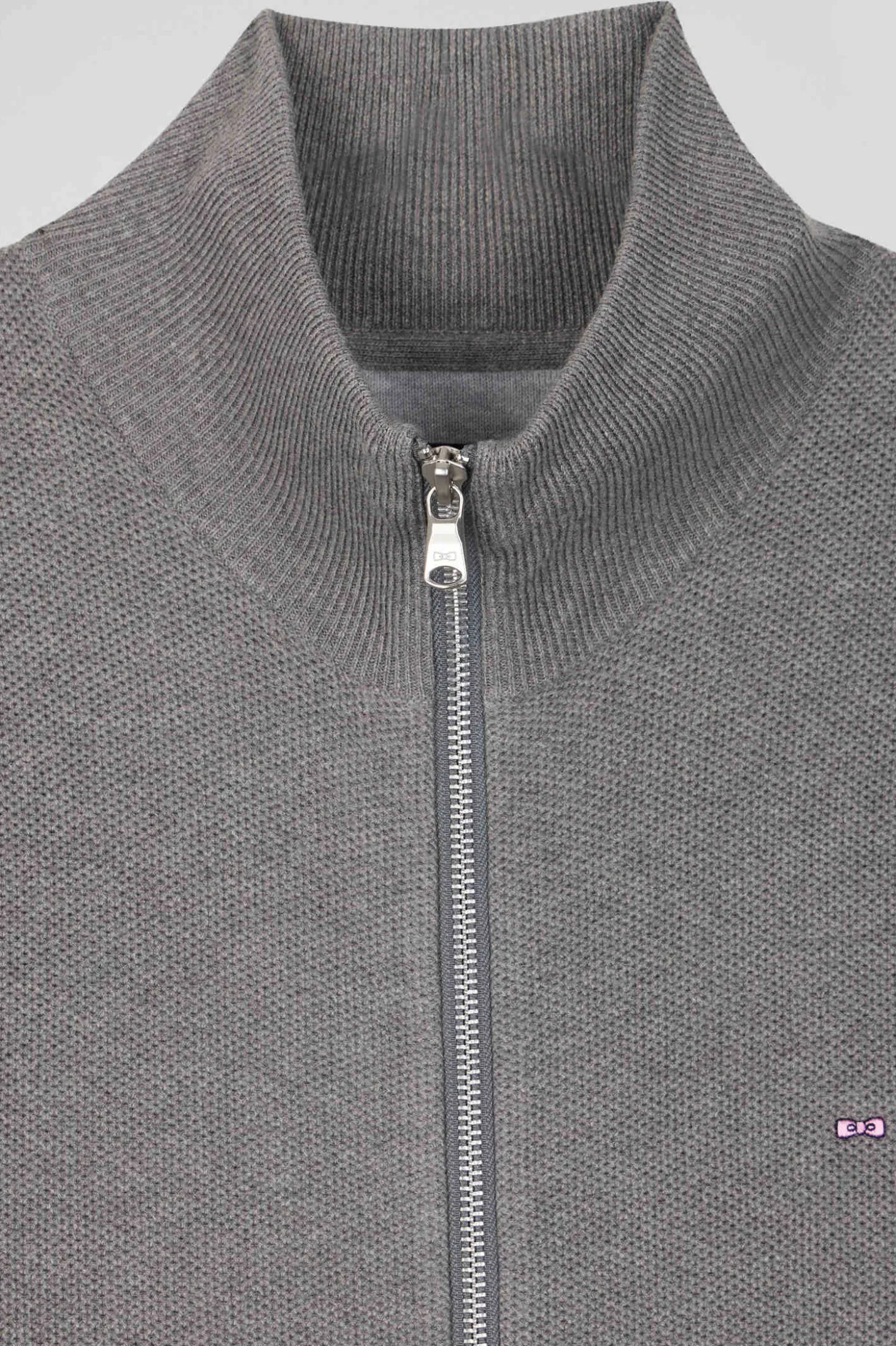 Cardigan zippé à col montant uni gris chiné en coton