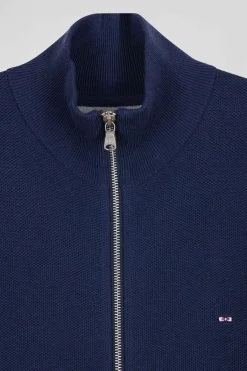 Cardigan zippé à col montant uni bleu marine en coton