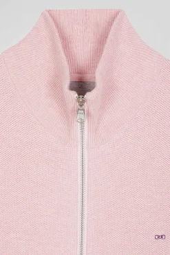 Cardigan zippé à col montant uni rose en coton