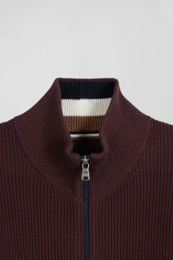 Cardigan zippé à col montant marine et bordeaux en coton