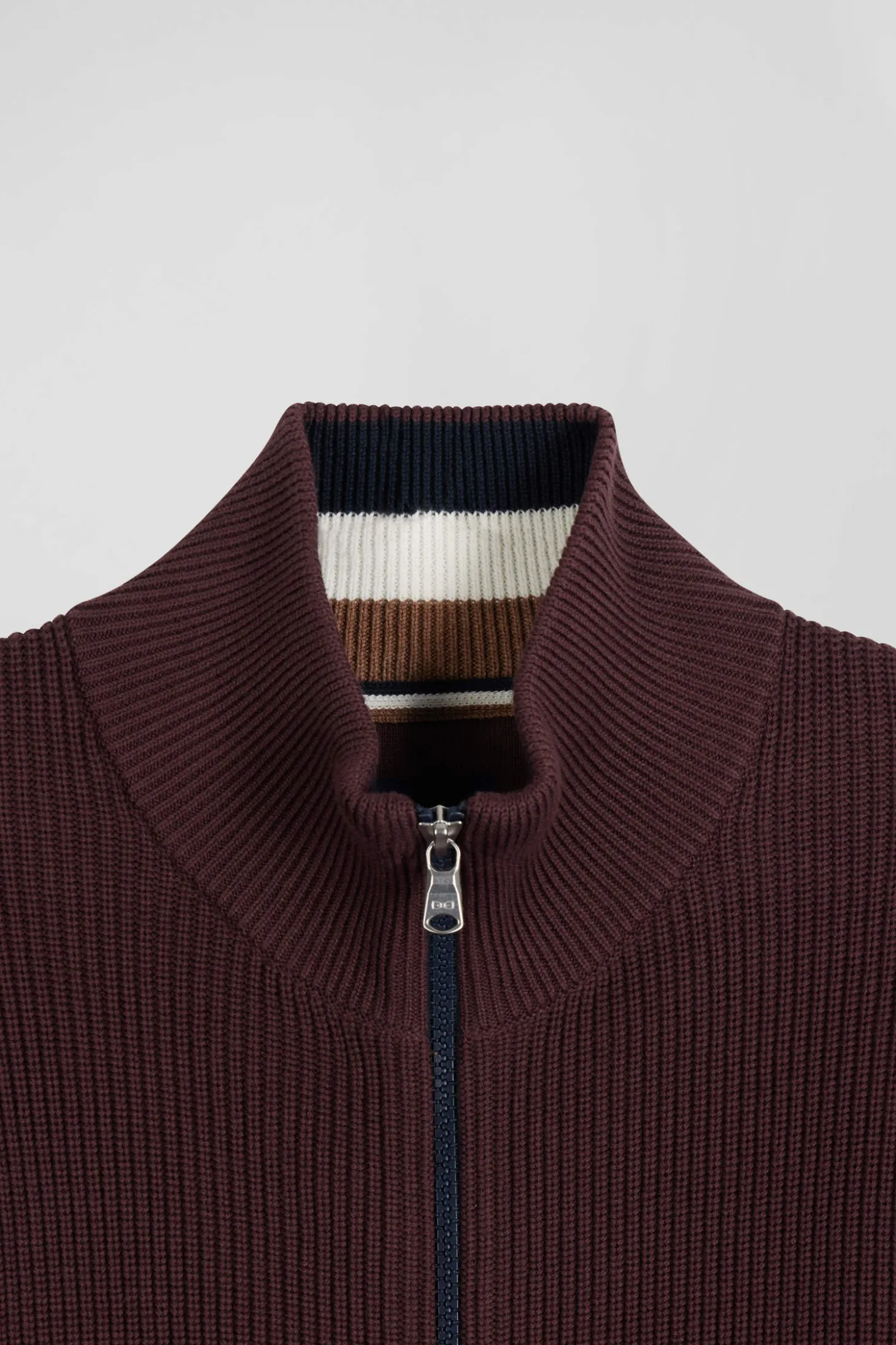 Cardigan zippé à col montant marine et bordeaux en coton