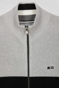 Cardigan zippé à col montant marine et gris en coton
