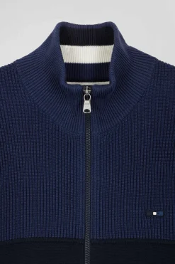 Cardigan zippé à col montant marine et bleu en coton