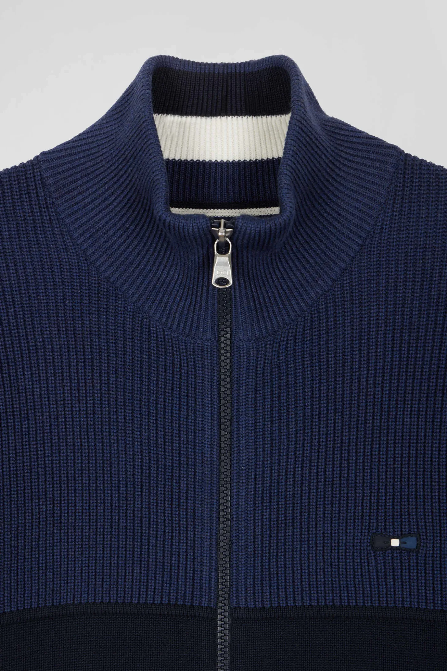 Cardigan zippé à col montant marine et bleu en coton