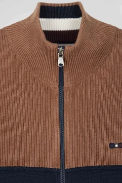 Cardigan zippé à col montant marine et camel en coton