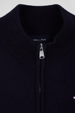 Cardigan zippé à col montant en laine et coton marine coupe Regular