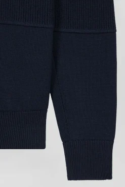 Cardigan zippé à col montant marine et vert en coton