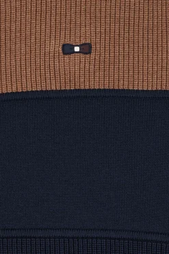 Cardigan zippé à col montant marine et camel en coton